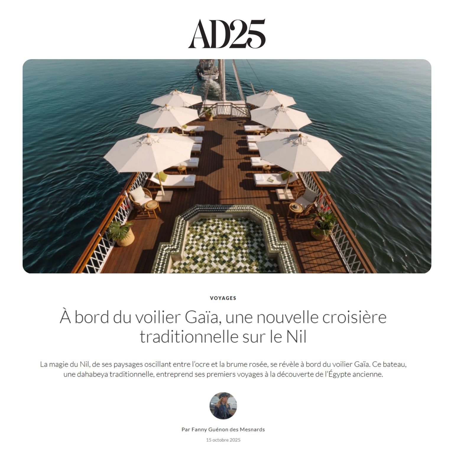 AD Magazine France — Aboard the Gaïa sailboat, a new traditional cruise on the Nile